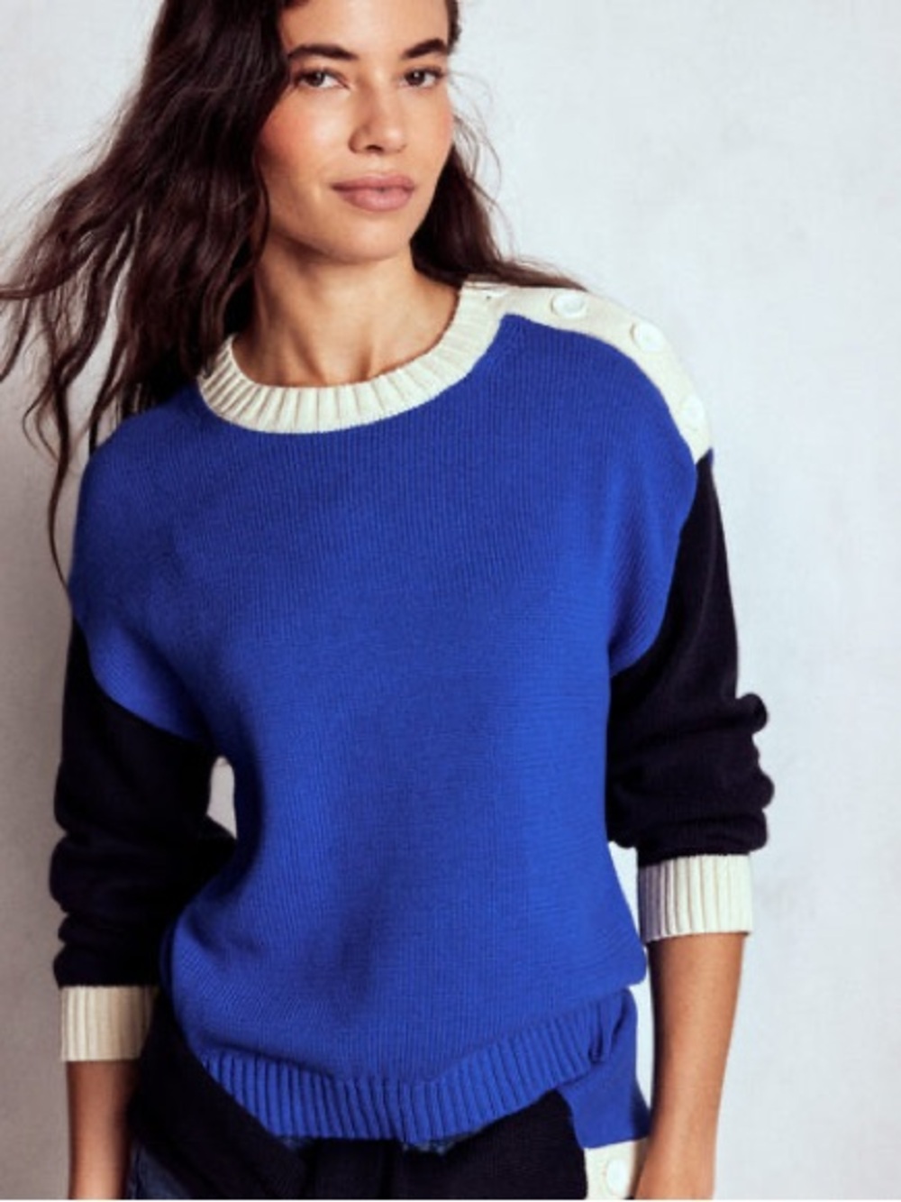 Boden Colorblock Crewneck Sweater in Royal Blue, Black & Cream